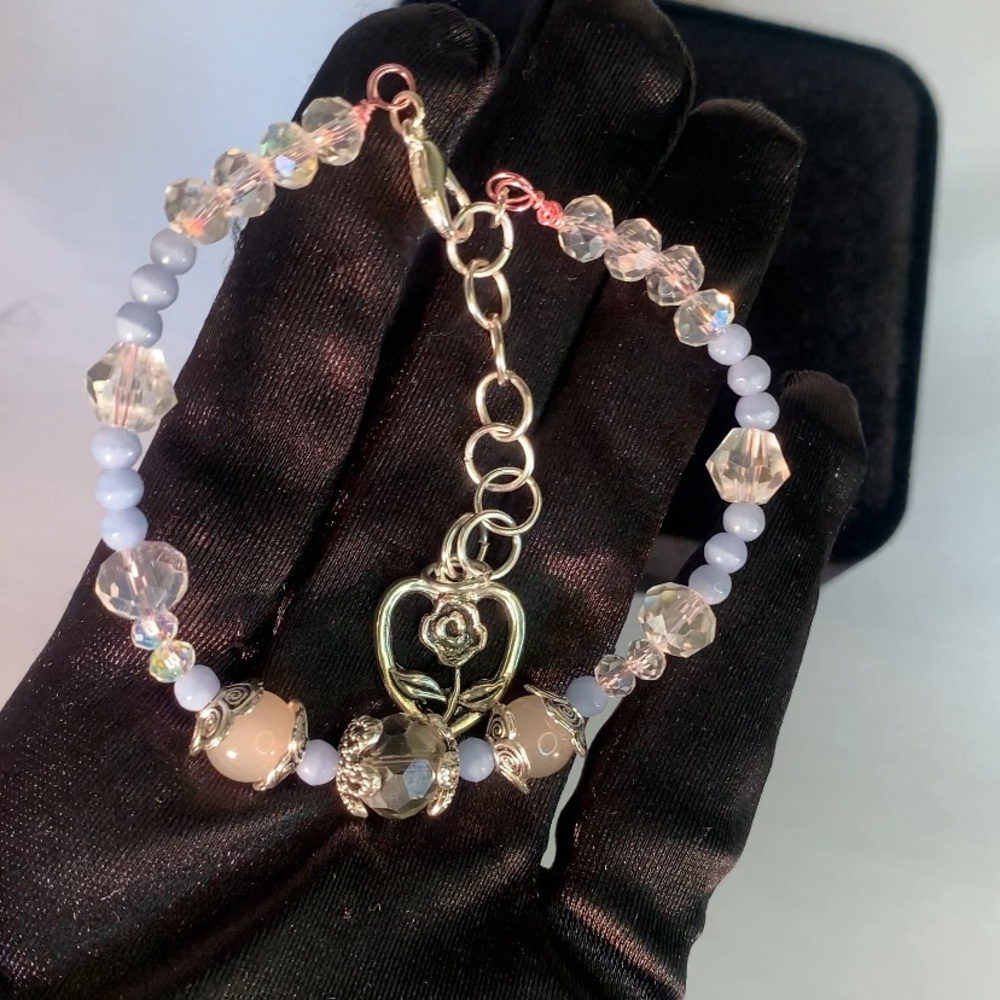—- SOLD —- ROSE CLOUDS — Handcrafted Glass Beaded Bracelet with Rose-Heart Charm
